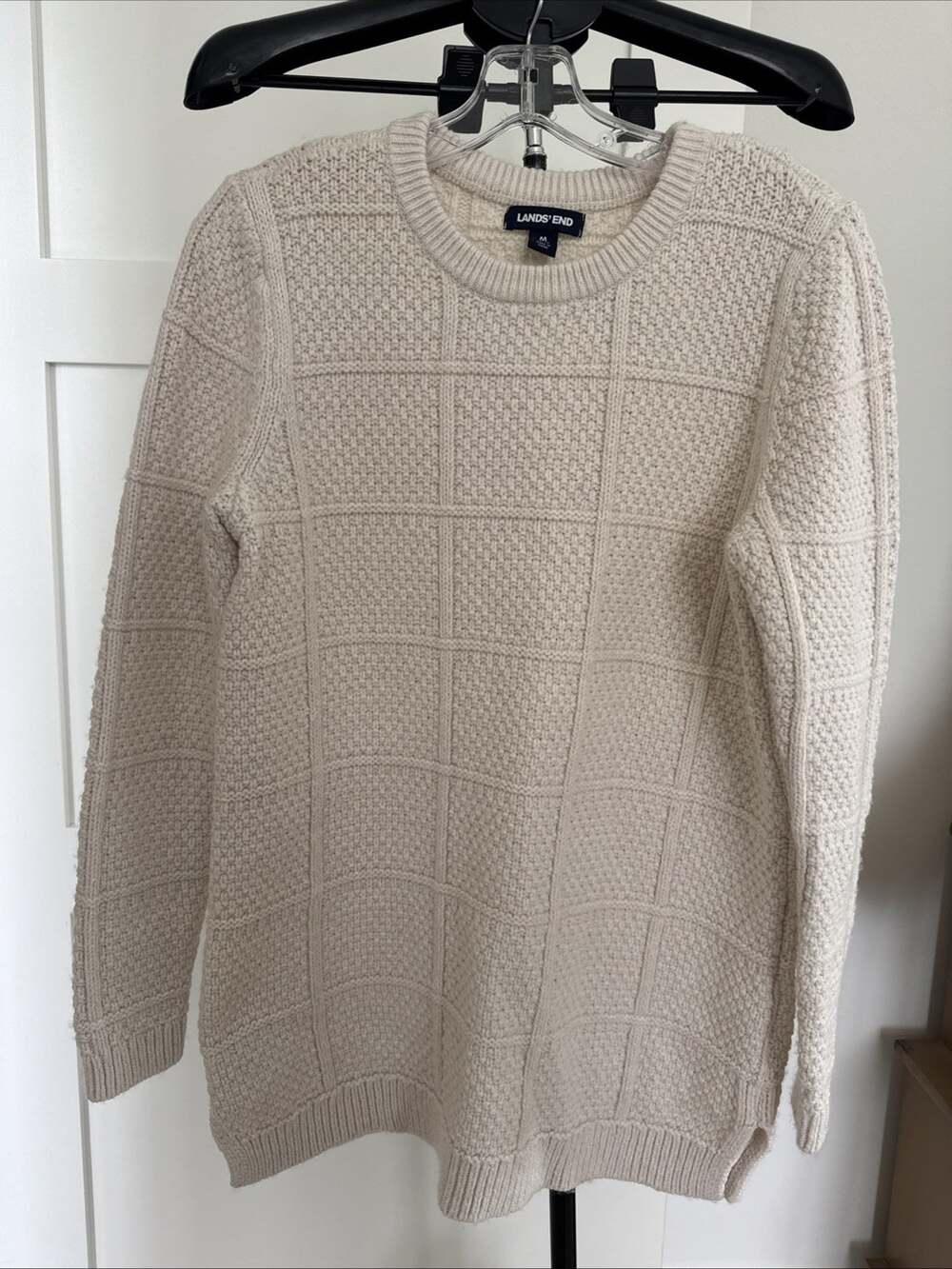 Lands End Womens Cream Textured Grid Popcorn Knit Crew Neck Sweater Medium 10-12